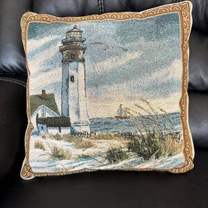 Ex-Cell Home Fashions beige and blue lighthouse pillow, 16" x 17", Nautical